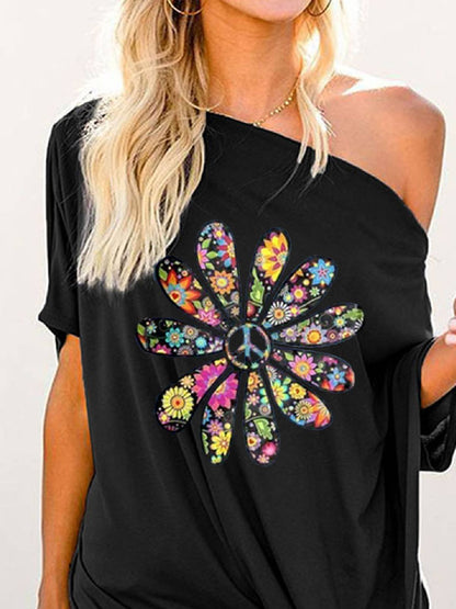 Floral-Print Short Sleeve One Shoulder Casual Shirts & Tops