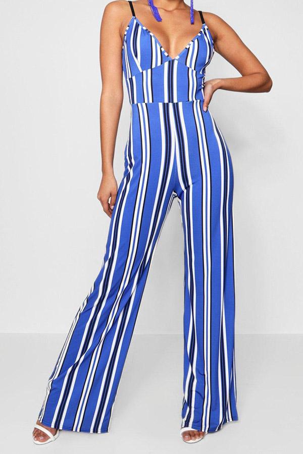 Antmvs Mixed Color Stripe Printed Open Back Jumpsuit