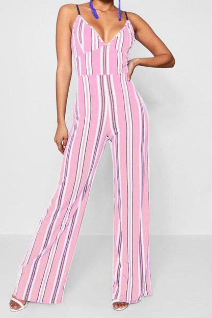 Antmvs Mixed Color Stripe Printed Open Back Jumpsuit