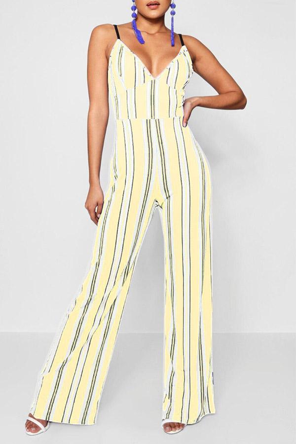 Antmvs Mixed Color Stripe Printed Open Back Jumpsuit