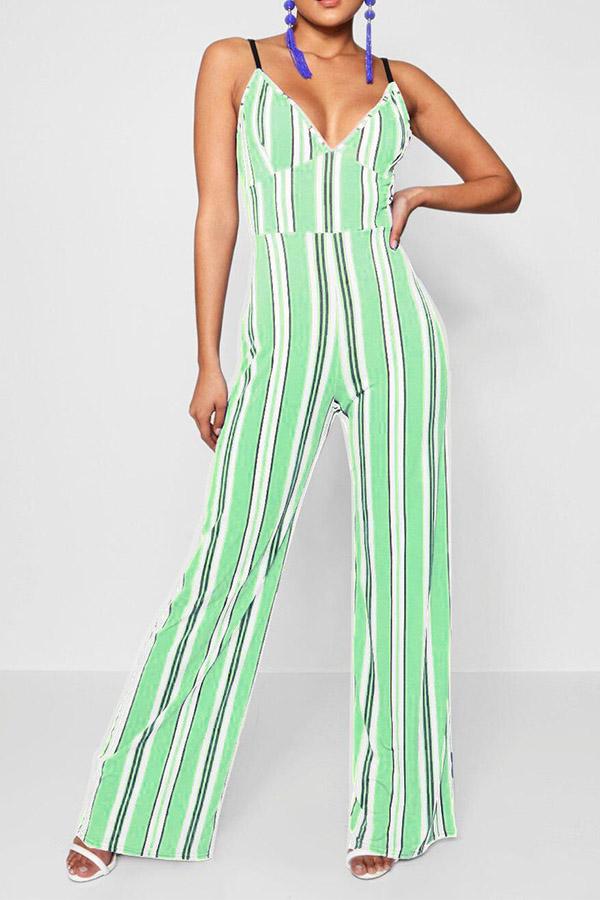 Antmvs Mixed Color Stripe Printed Open Back Jumpsuit