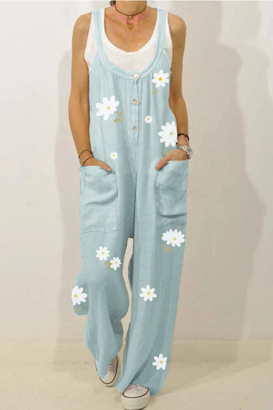 Antmvs Flower Printed Plus Size Pocket Button Jumpsuit