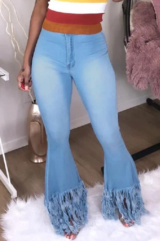 Antmvs Denim Tassel Hem Middle Waist Flared Pants