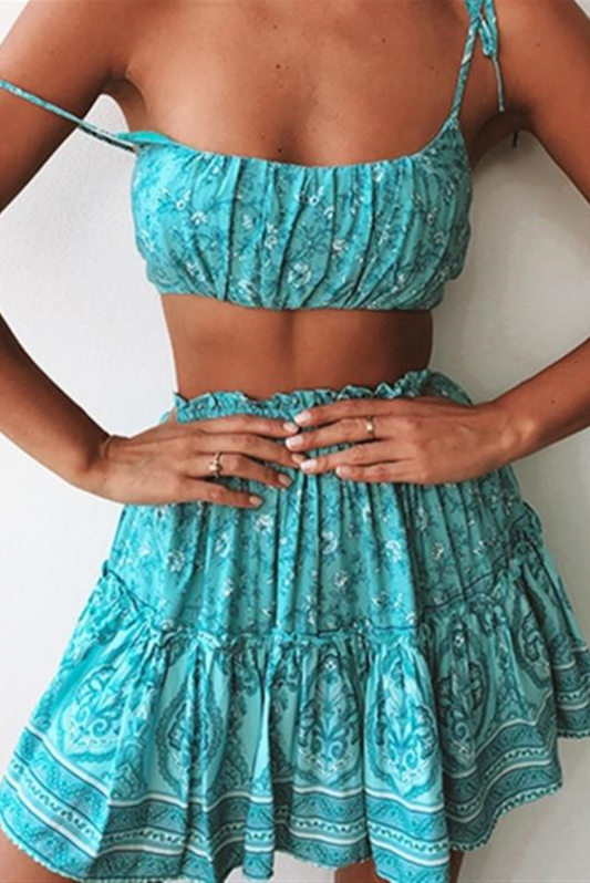 Antmvs Teal Floral Crop Top and Skirt Matching Sets