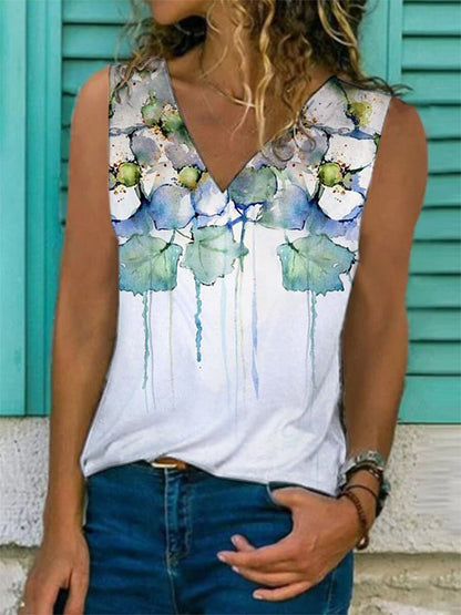 Sleeveless Cotton-Blend Casual Floral Shirts & Tops