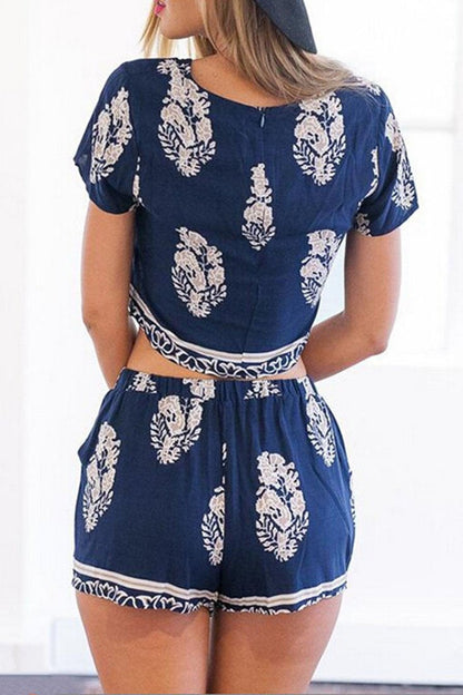 Antmvs Navy Blue Floral Crop Top and Shorts Matching Sets