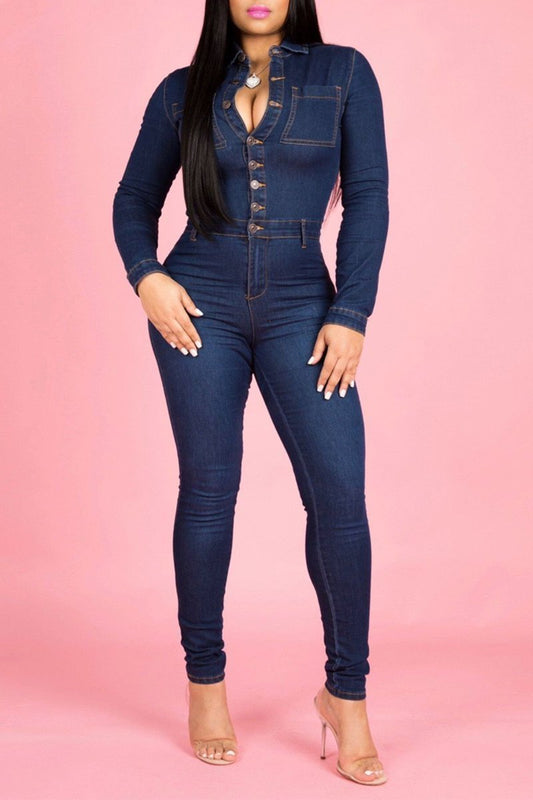 Antmvs Plus Size Denim Button Up Long Sleeve Jumpsuit