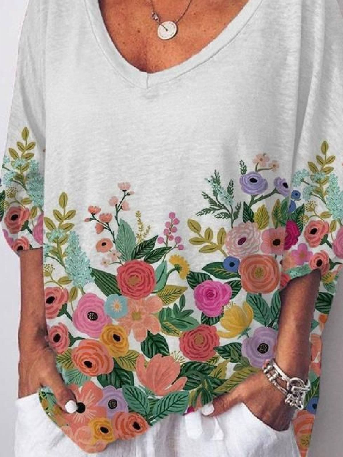 Floral-Print Half Sleeve V Neck Floral Shirts & Tops