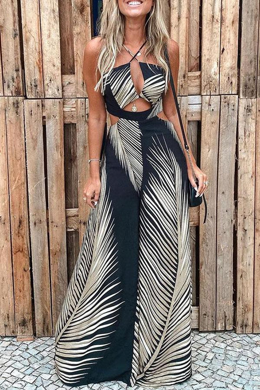 Antmvs Tropical Palm Leaf Print Cutout Wide Leg Jumpsuit