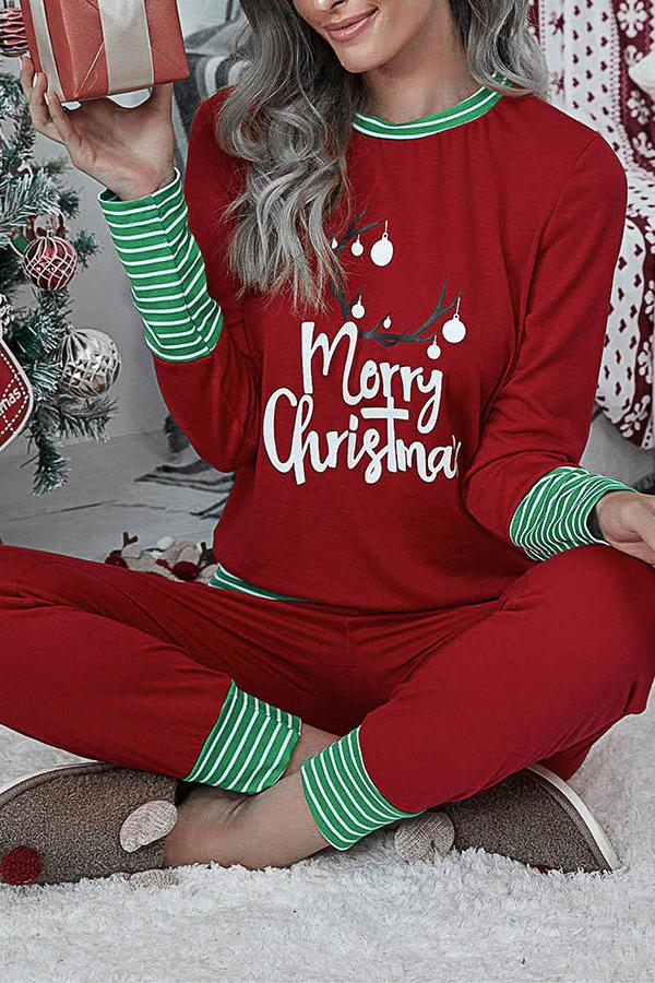 Antmvs Letter Christmas Stripe Print Pajamas Sets