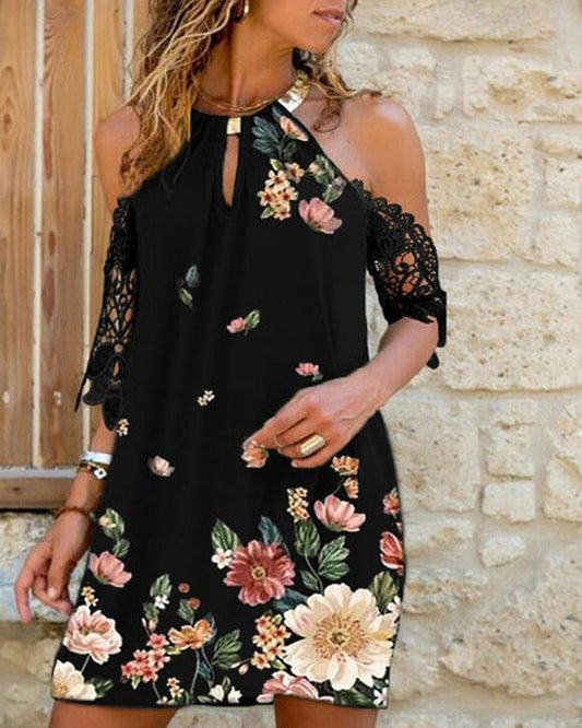 Printed Straight Knee Above Casual Tunic Waist Drop Sleeve Dress