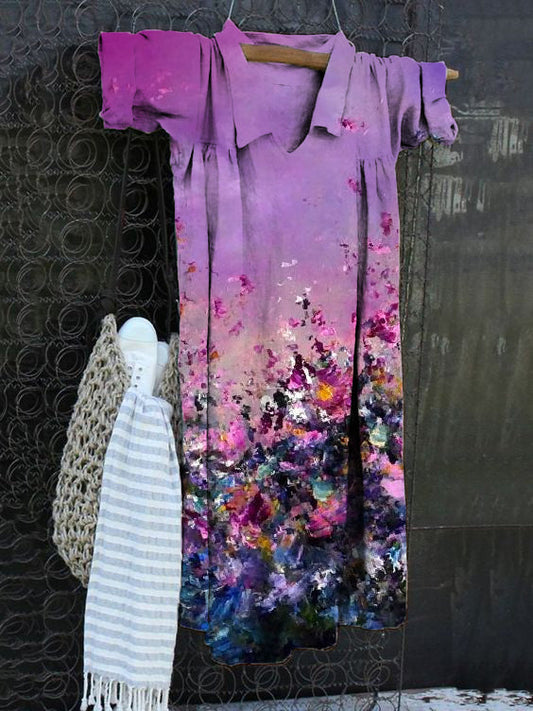 Vintage Print V-Neck Cotton Linen Loose Long Sleeve Dress