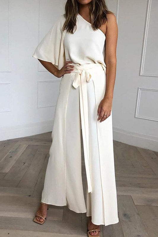 Antmvs Time Will Tell One Shoulder Blouse Wide Leg Pants Set