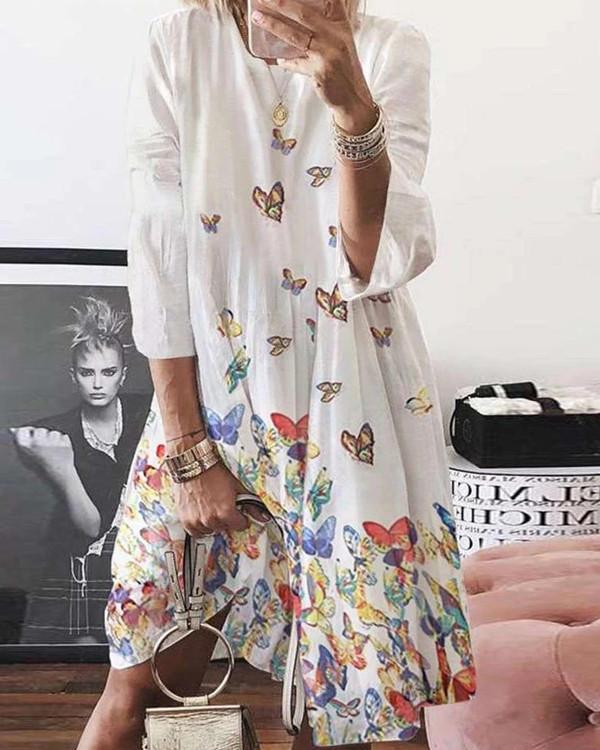 Normal Butterfly Casual Long-Sleeved Dresses