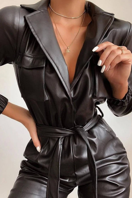 Antmvs Tie Waist Faux Leather Jumpsuit