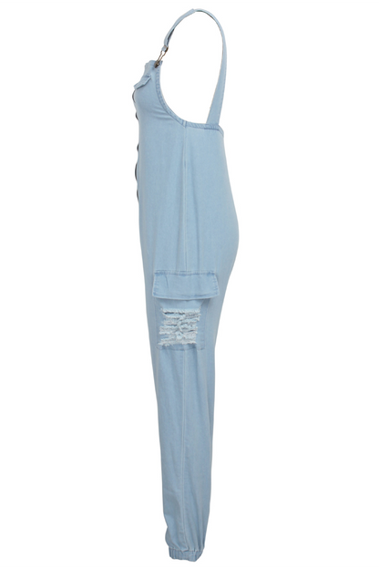 Antmvs Denim Zipper Pocket Ripped Jumpsuit