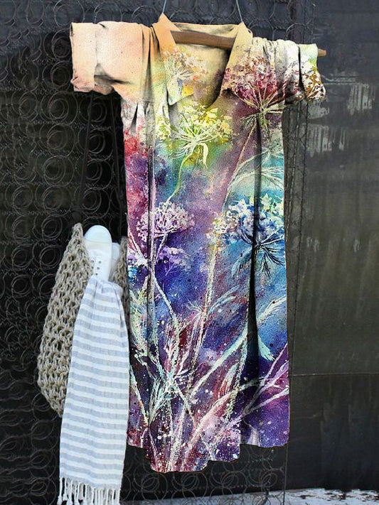 Vintage Print V-Neck Cotton Linen Loose Long Sleeve Dress