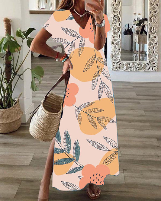 Casual Floral Print V-Neck Short Sleeve Hem Slit Maxi Dress