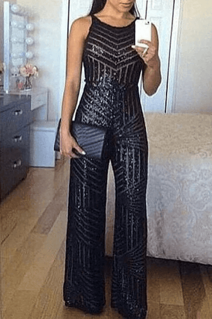 Antmvs Glitter Round Neck Sleeveless Sequins Jumpsuit