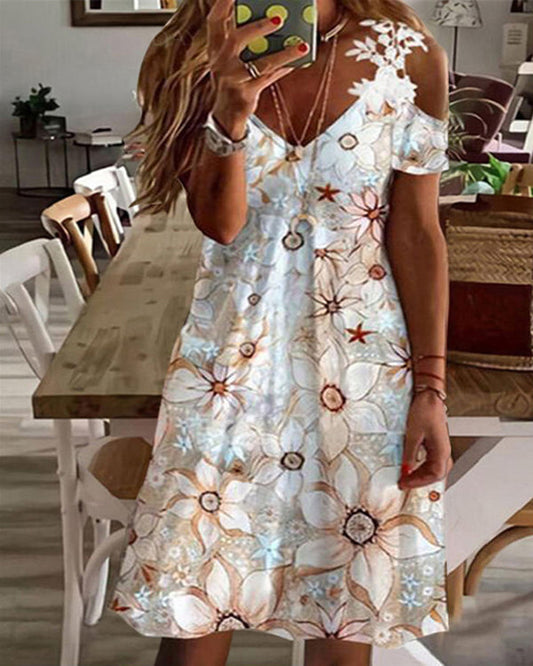 Printed V-Neck Lace Off-the-Shoulder Sexy Dress