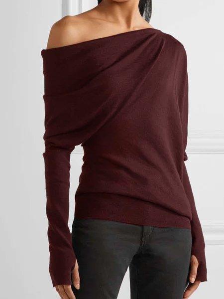 Solid Casual One Shoulder Long Sleeve Shirts & Tops