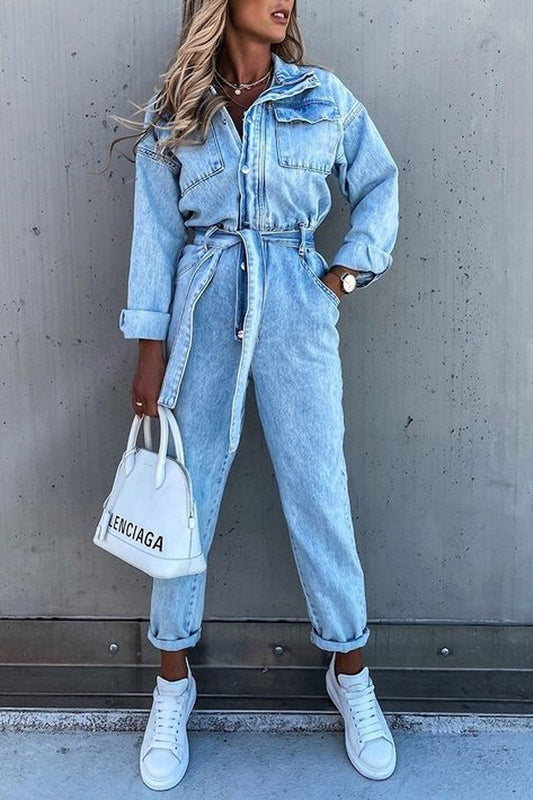 Antmvs Denim Long Sleeve Jumpsuit(With Belt)