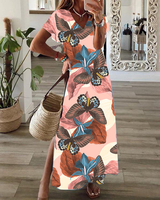 Casual Floral Print V-Neck Short Sleeve Hem Slit Maxi Dress