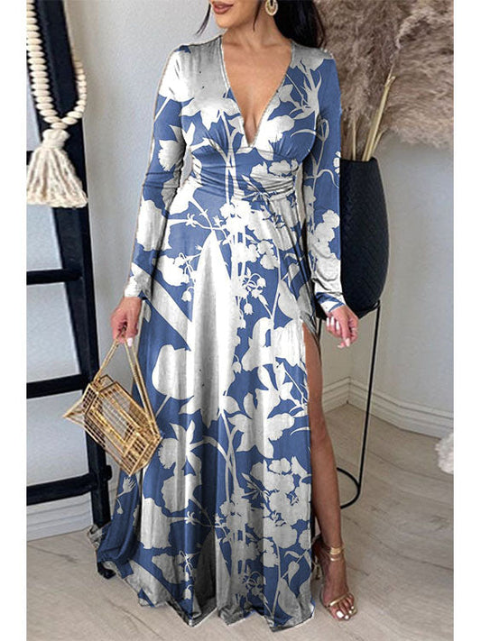 Printed Neck Pleated Elegant Slit V-Neck Maxi Dress