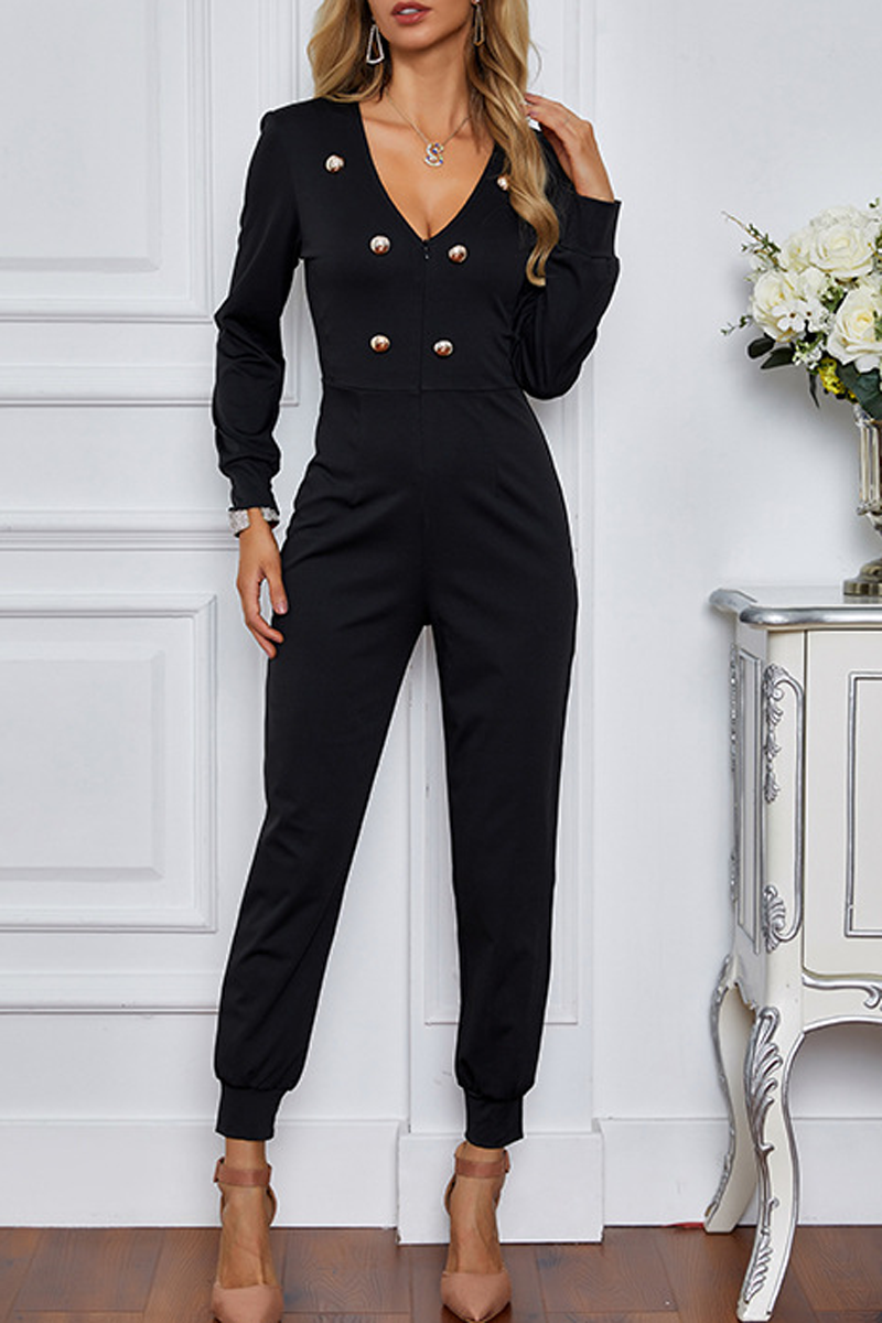 Antmvs Deep V-Neck Double Breasted Jumpsuit