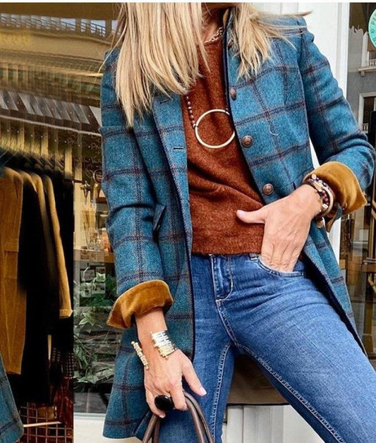 Fashion Plaid Print Button Coat Women