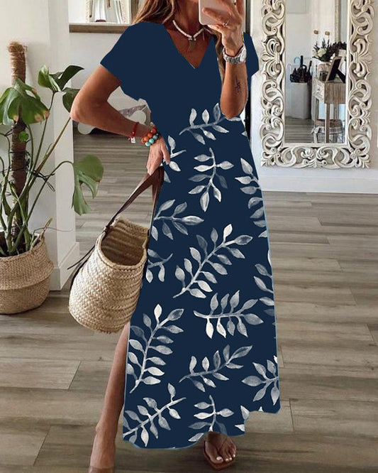 Casual Floral Print V-Neck Short Sleeve Hem Slit Maxi Dress