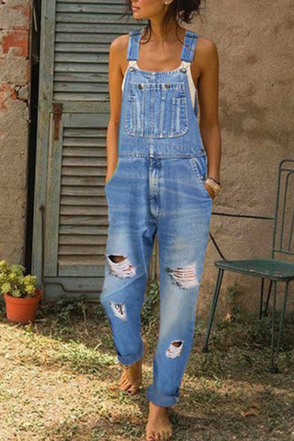 Antmvs Denim Distressed Plus Size Solid Overall