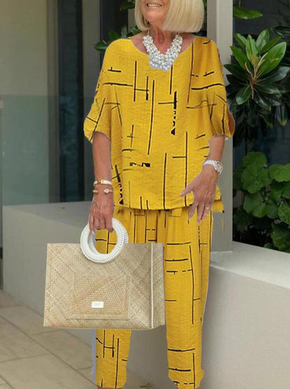 Antmvs Printing Casual Two-piece 3/4 Length Pants Suits