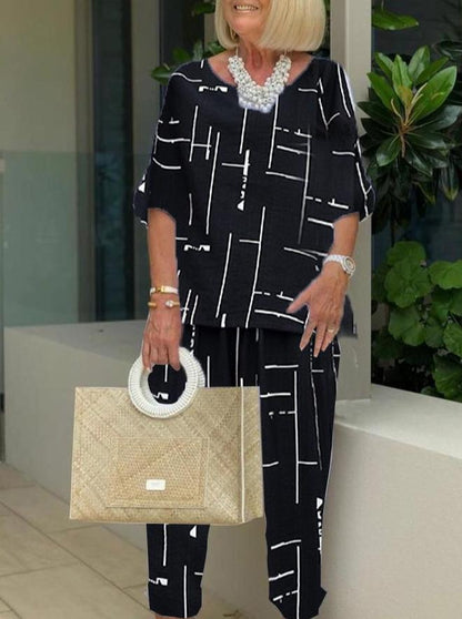 Antmvs Printing Casual Two-piece 3/4 Length Pants Suits