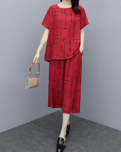 Antmvs Printing Casual Two-piece 3/4 Length Pants Suits