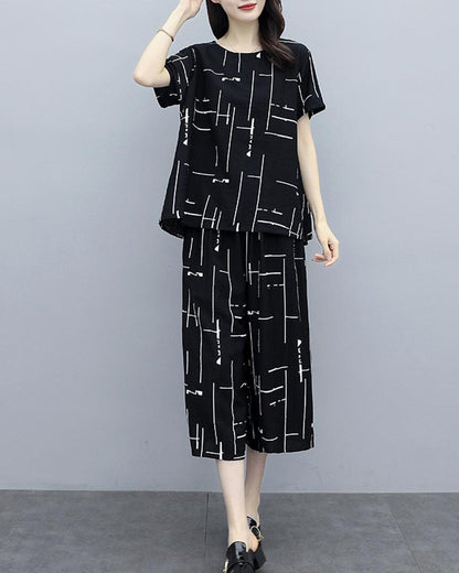 Antmvs Printing Casual Two-piece 3/4 Length Pants Suits