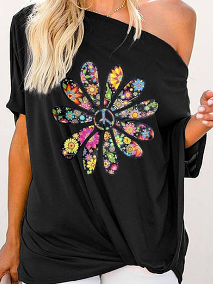 Floral-Print Short Sleeve One Shoulder Casual Shirts & Tops