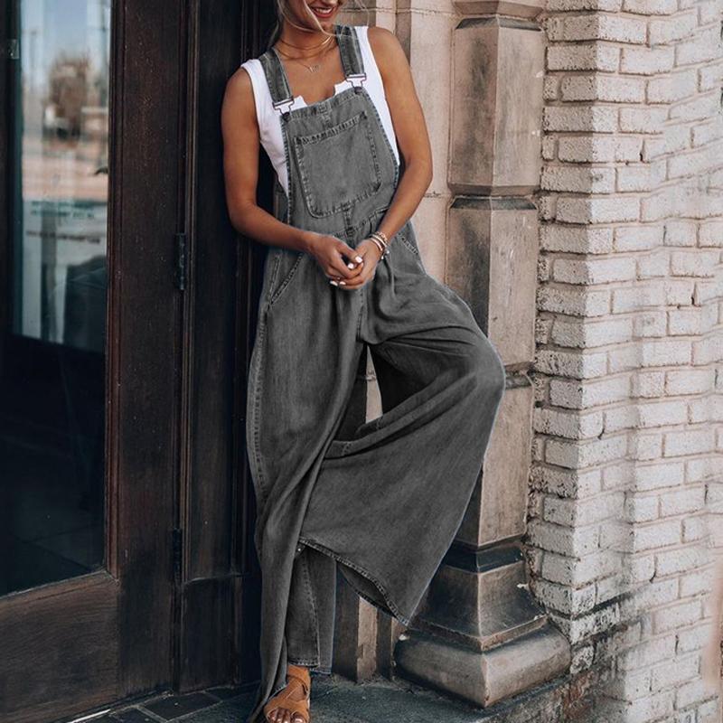 Antmvs Denim Wide Leg Suspenders Jumpsuit