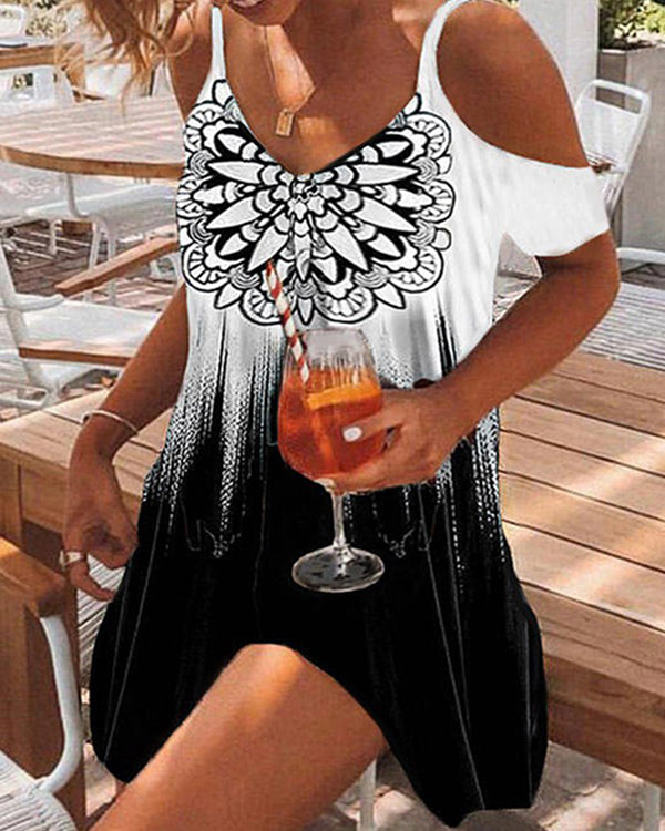 Lace Sleeve V-Neck Print Casual Dress