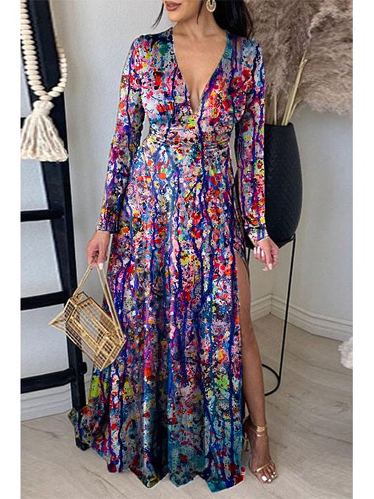 Printed Neck Pleated Elegant Slit V-Neck Maxi Dress