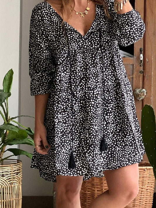 Plus Size Vintage Casual V-Neck Print Dress S-5XL