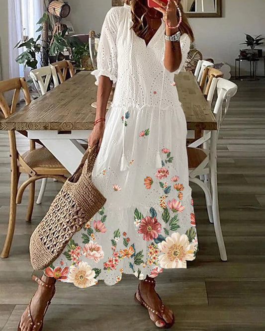 Bohemian V-Neck Print Drawstring Short Sleeve Midi Dress