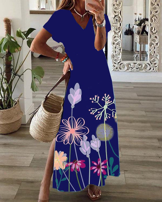 Casual Floral Print V-Neck Short Sleeve Hem Slit Maxi Dress