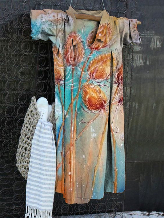 Vintage Print V-Neck Cotton Linen Loose Long Sleeve Dress