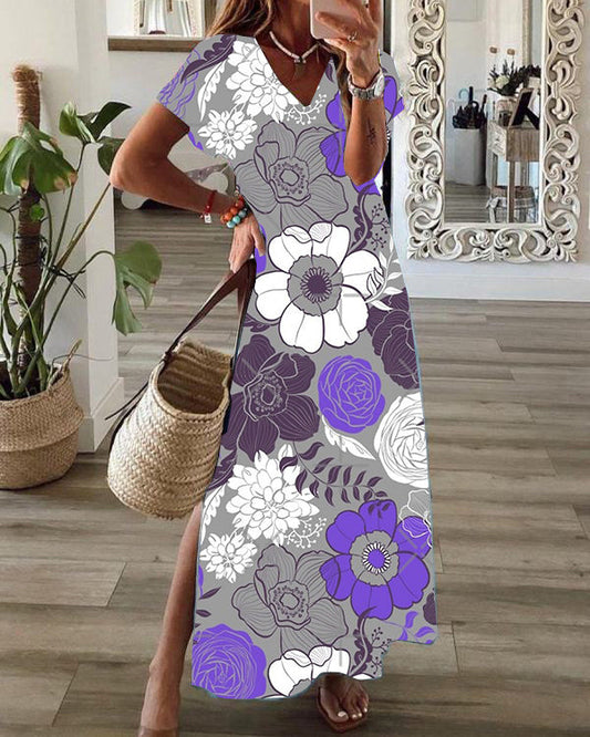 Casual Floral Print V-Neck Short Sleeve Hem Slit Maxi Dress