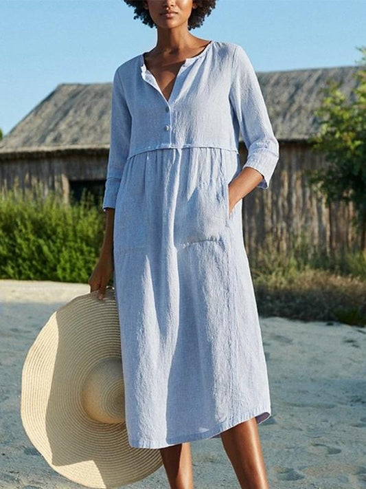 Cotton And Linen Pocket 3/4 Sleeve Dress