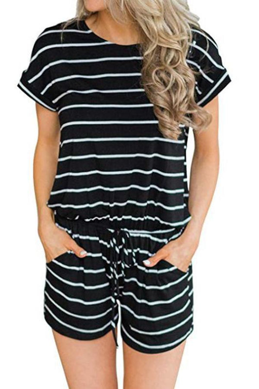 Antmvs Stripe Print Round Neck Short Sleeve Pocket Romper