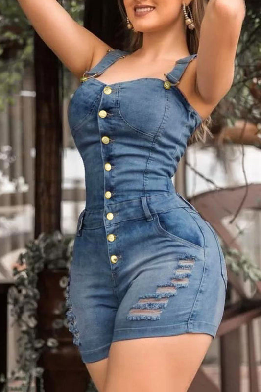 Antmvs Distressed Denim Solid Color Romper