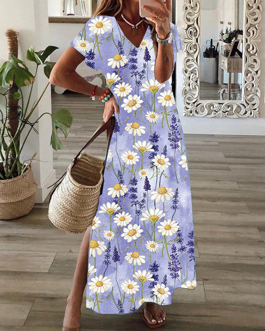 Casual Floral Print V-Neck Short Sleeve Hem Slit Maxi Dress