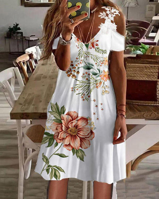 Printed V-Neck Lace Off-the-Shoulder Sexy Dress